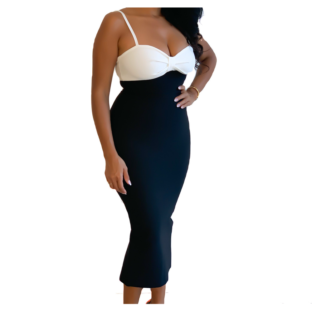 Women’s Black and White High Waist, Maxi Party Dress-Dress-Fitazzo