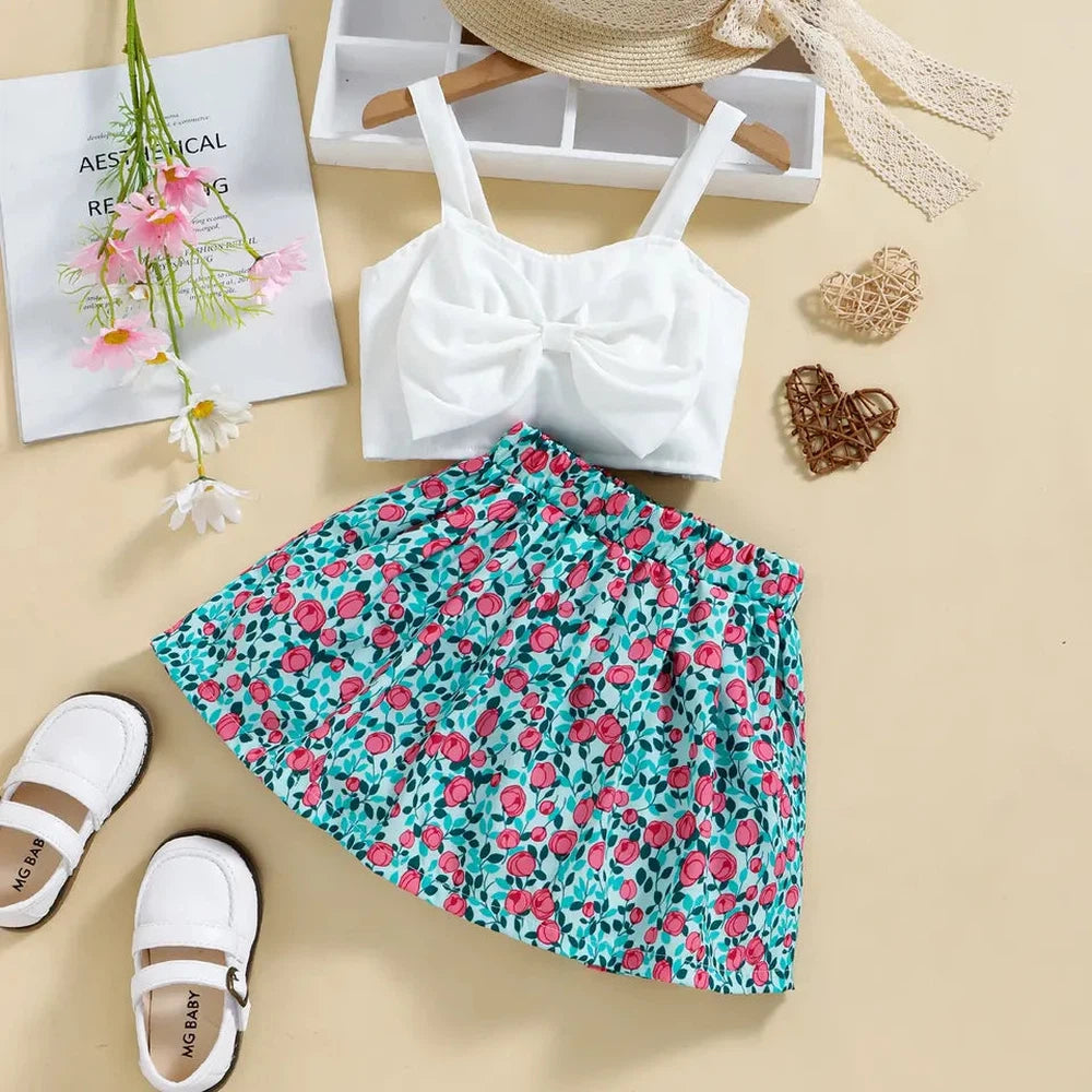 Bow Shirt and Floral Print Skirt Two Piece-Children’s dress-Fitazzo