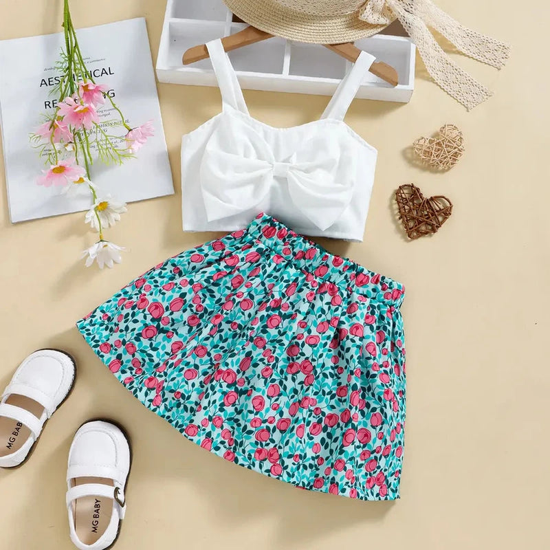Bow Shirt and Floral Print Skirt Two Piece-Children’s dress-Fitazzo